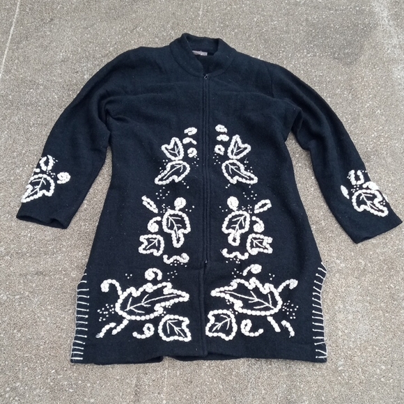 Kenar Sweaters - Kenar Wool Black Zip Up Cardigan with White Leaf Embroidery Womens Sweater XL
